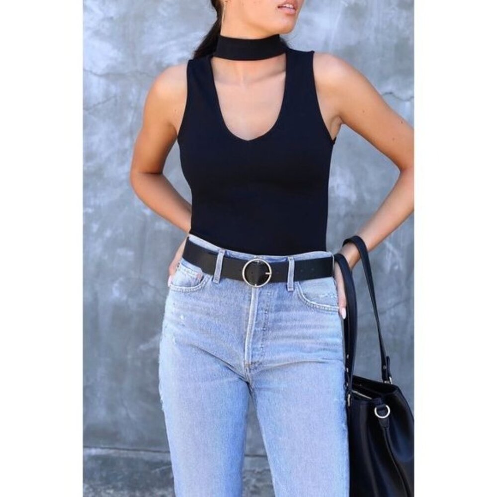 Lulus Powerhouse Sleeveless Bodysuit w/ Mock Neck Plunge V-neck - Black | XS - Picture 2 of 10